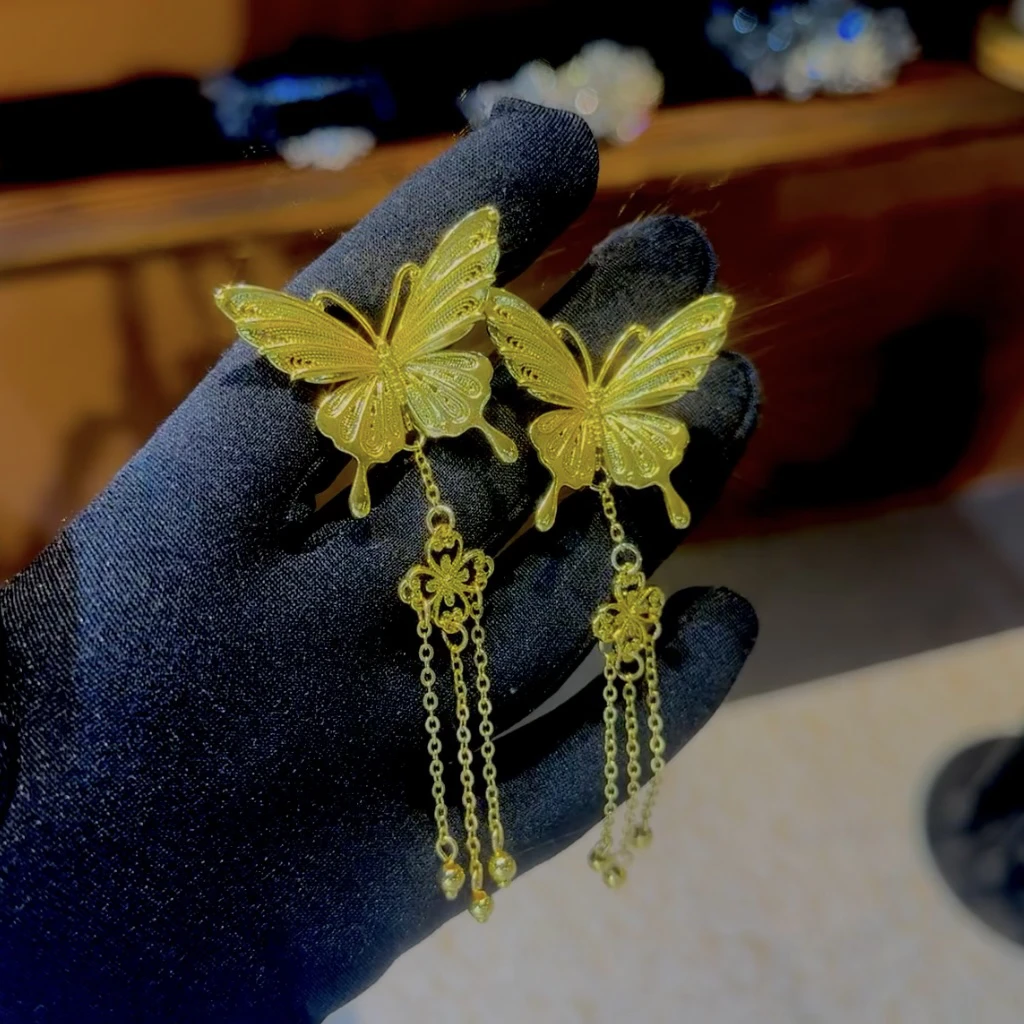 铜合金耳饰 ETE E2-12111新娘头饰 金色中式婚礼秀禾百搭蝴蝶耳饰