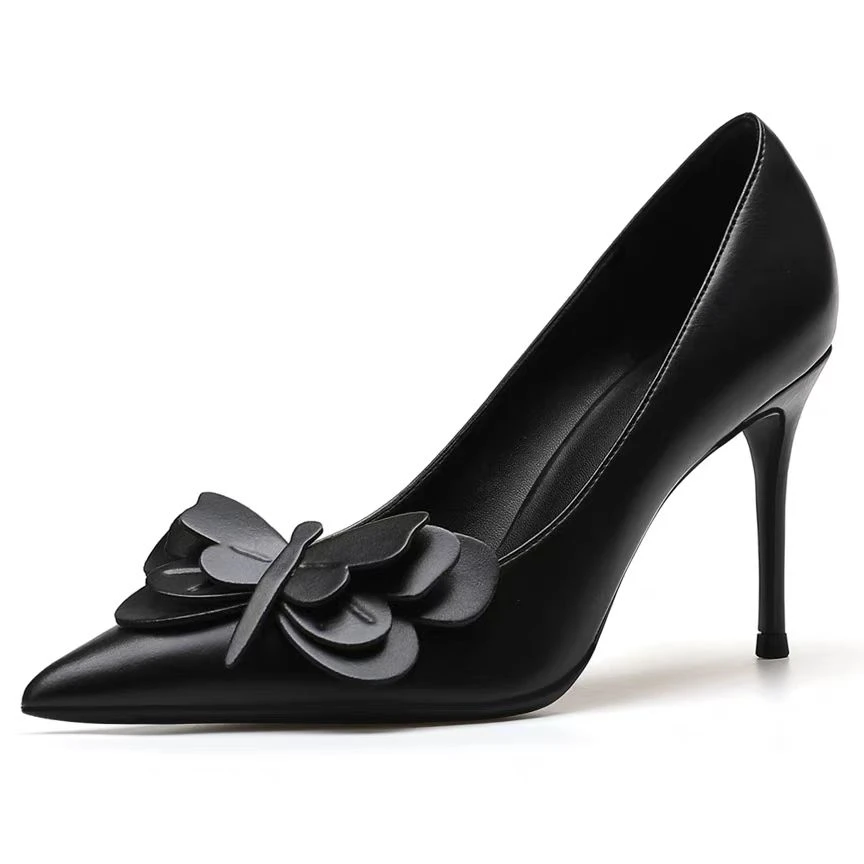 白色甜美蝴蝶结跟鞋细跟尖头性感百搭职业工作单鞋仙女风L6020-5