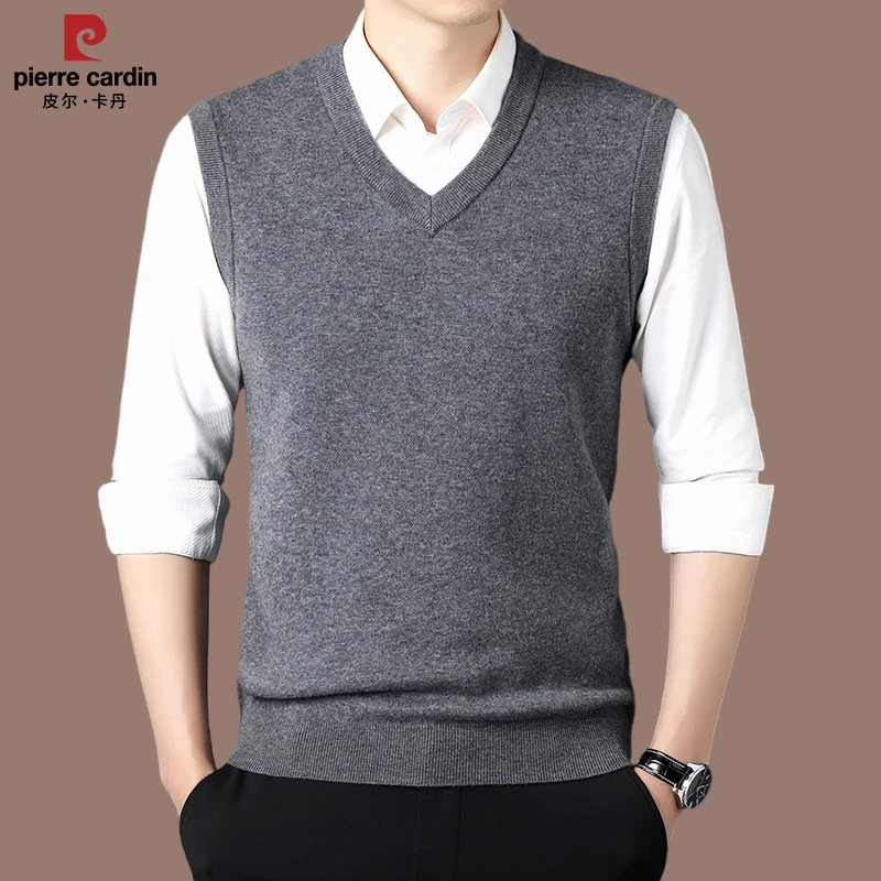 【皮尔卡丹】冬季新款男士商务休闲加厚重磅350克全羊毛针织V领背心
