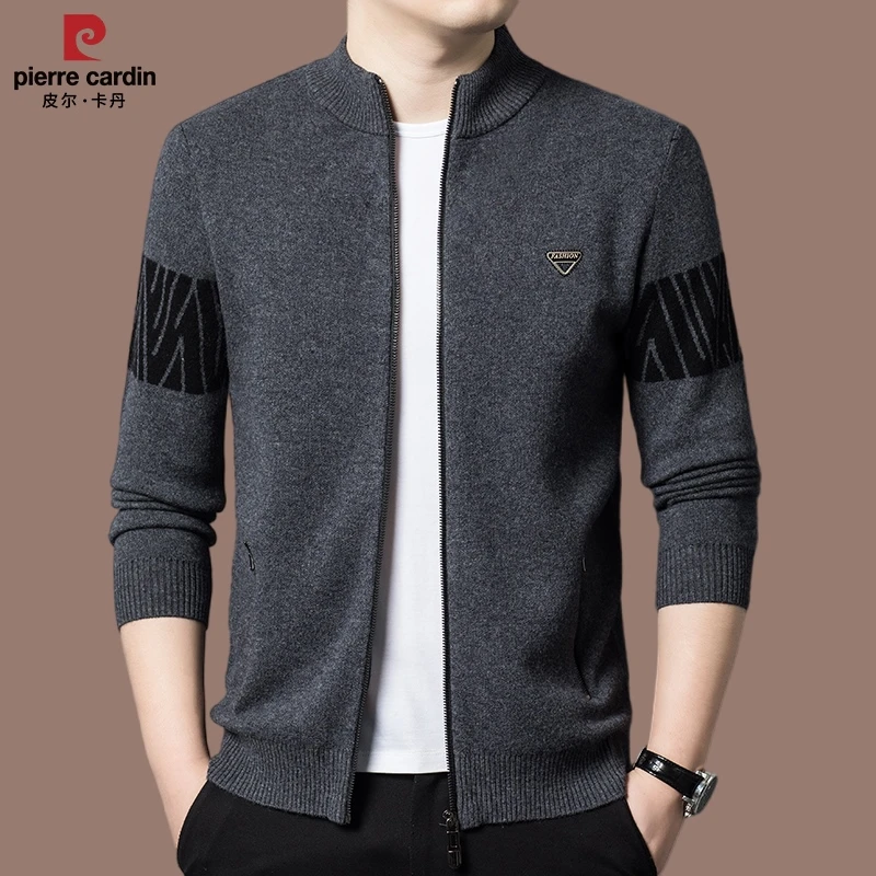 【皮尔卡丹】春秋男士纯羊毛开衫外套半高领拉链印花保暖时尚针织衫