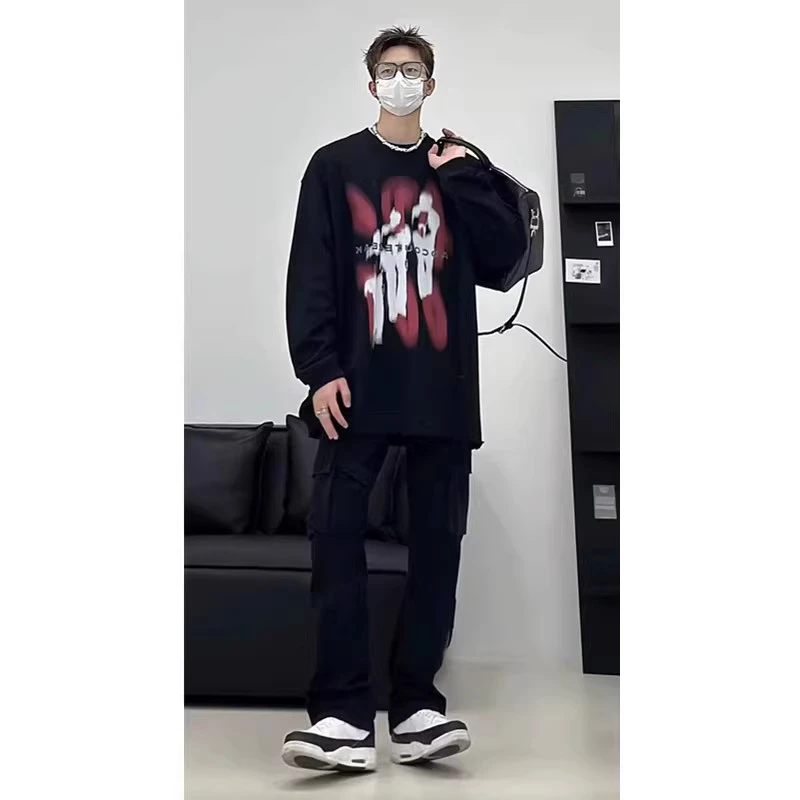 网红美式潮牌穿搭春秋新款长袖圆领休闲卫衣时尚百搭无帽套头衫