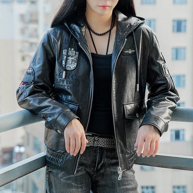 [新品]潮牌连帽秋冬机车夹克春秋韩版男女款连帽重工植鞣真皮皮衣