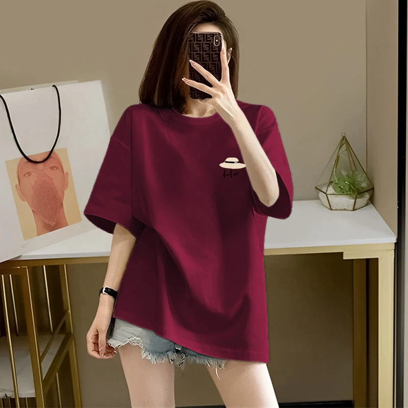 100%纯棉夏季正肩短袖t恤女宽松韩版百搭大码洋气印花百搭上衣潮
