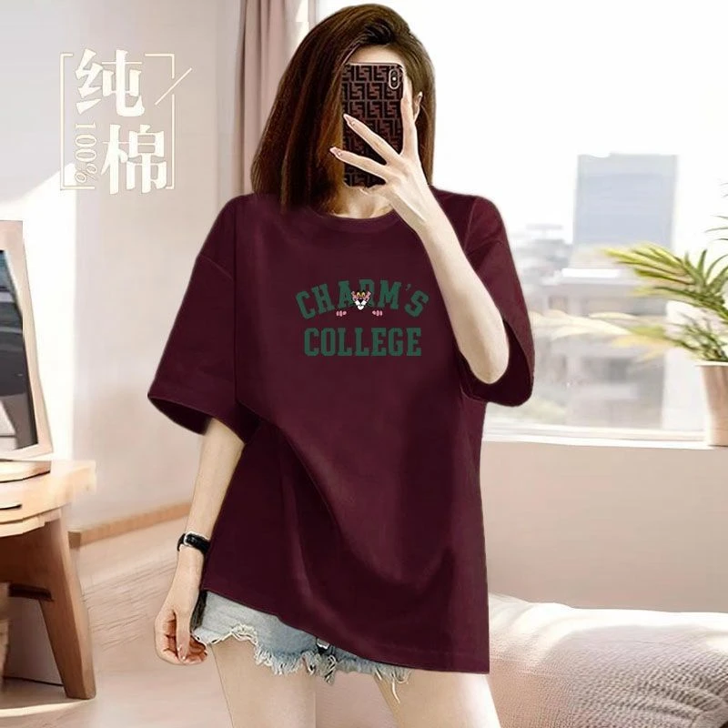100%纯棉短袖t恤女夏季2025新款韩版宽松印花大码显瘦体恤上衣女