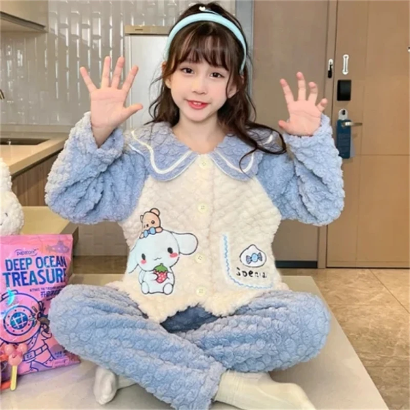 儿童睡衣女童秋冬法兰绒加绒加厚中大童亲子可爱洋气家居服套装