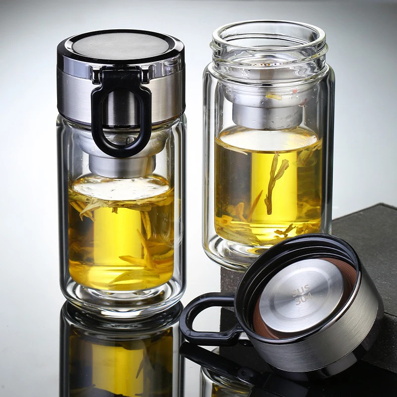 提环茶水分离杯高硼硅办公室泡茶杯便携双层玻璃杯简约耐高温水杯