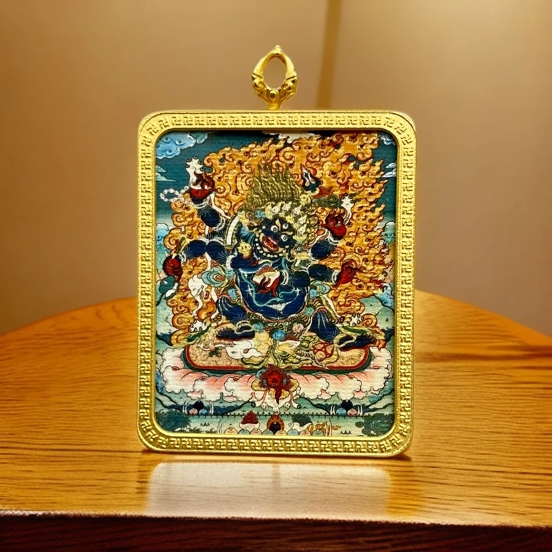 【福慧】唐卡吊坠 4*5尺寸 大黑天绘唐卡 六臂 钛钢脖挂 经典画风