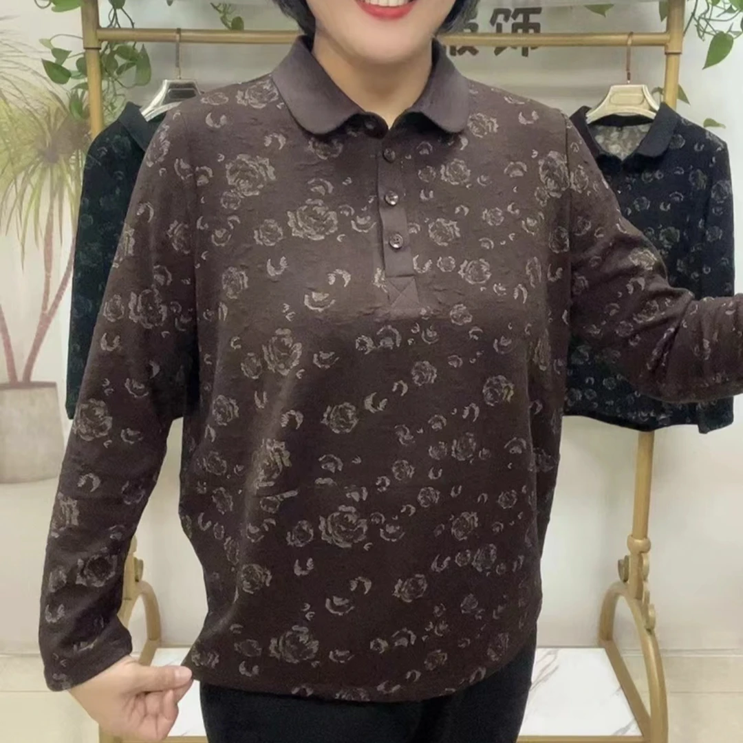 【丽人坊】秋季时尚 翻领提花上衣 碎花休闲长袖 百搭小衫