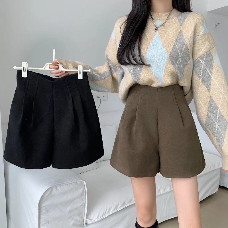 秋冬新款大码韩版高腰设计感外穿靴裤a字阔腿裤毛呢短裤#9802