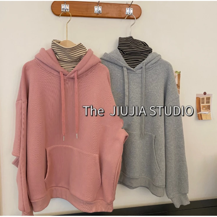 34D09R【混搭条纹拼接】加绒宽松显瘦印花百搭连帽卫衣休闲时尚女士