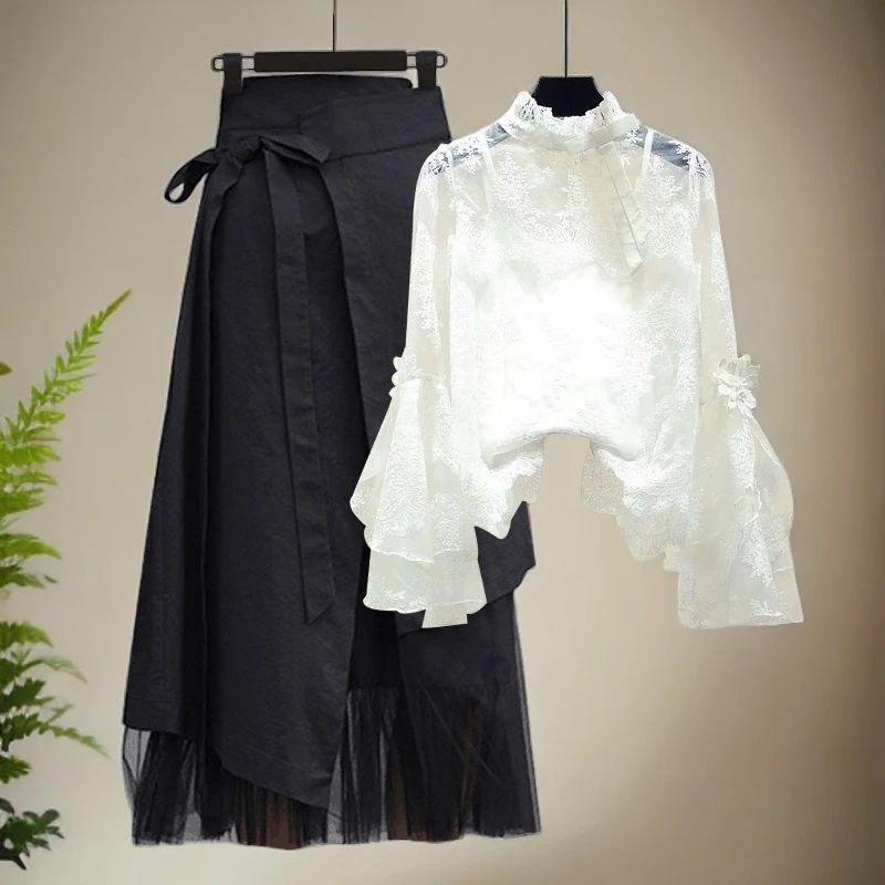 早秋穿搭拽酷又a又飒大方得体的套装2024蕾丝气质半身裙两件套