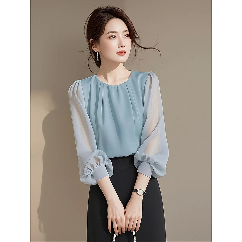 早秋上衣法式高级感超好看气质设计感雪纺蓝色七分袖衬衫女装夏季