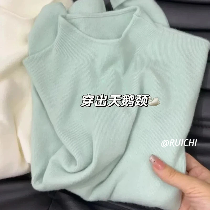 奶呼呼~薄荷曼波绿半高领打底衫2025秋冬新款显瘦百搭长袖上衣女
