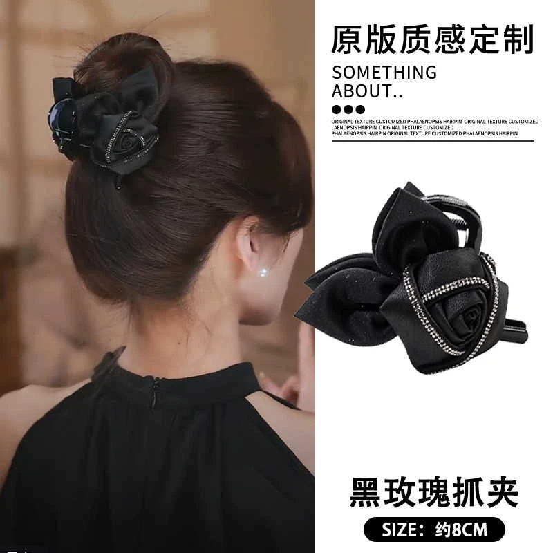 法式黑玫瑰抓夹 巴黎王妃8cm气质发夹高级感后脑勺鲨鱼夹精致发饰