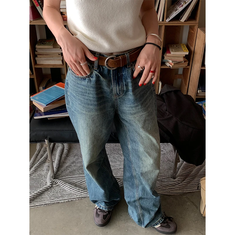 【香香的梨】 水洗复古做旧蓝色牛仔裤EM1788