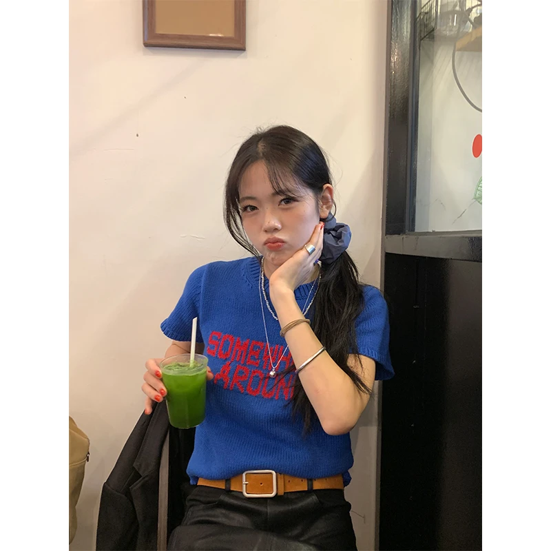 【香香的梨】 复古字母短袖针织衫EM1528