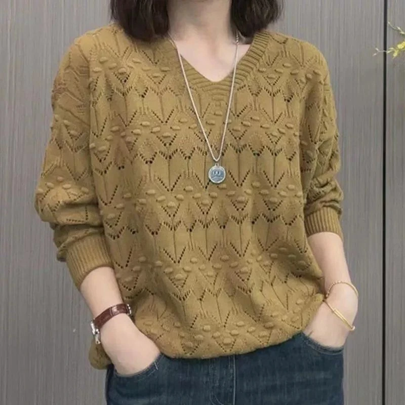 2025春季新款薄款时尚洋气v领镂空显瘦气质上衣针织衫百搭长袖女