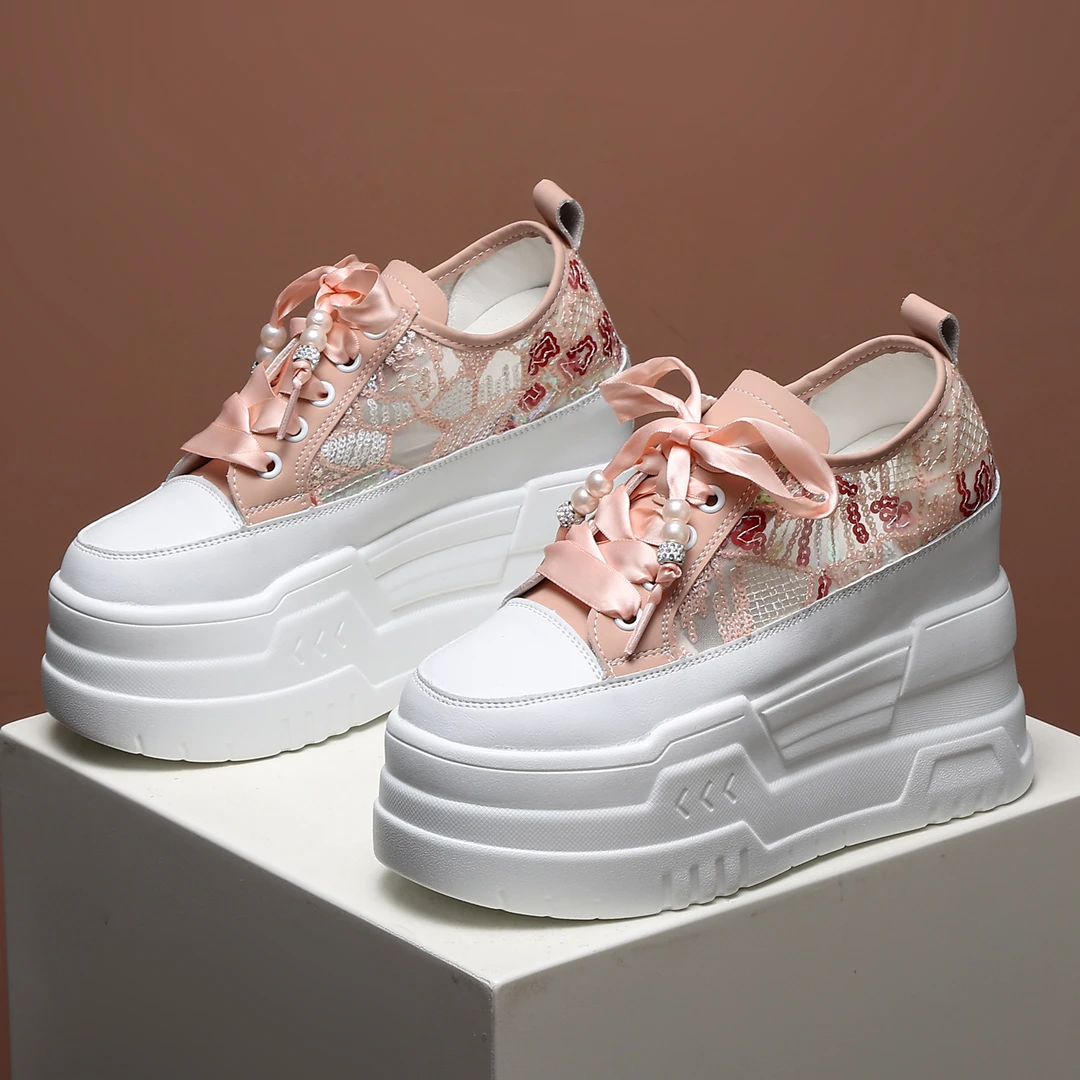 小个子网布透气女鞋夏新款凉爽超高显瘦12cm亮片洋气休闲小白鞋10