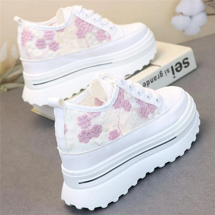 10厘米超高跟夏新款薄款透气蕾丝刺绣小白鞋内增高小个子松糕女鞋