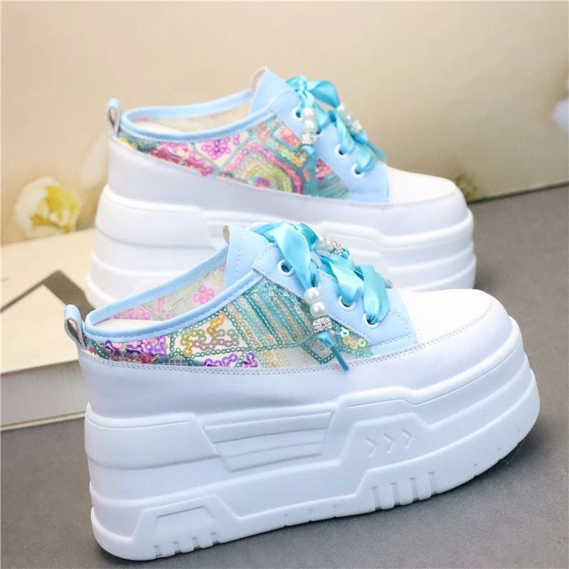 洋气亮片网布透气包头半拖鞋女拖12cm隐形增高小个子一脚蹬休闲拖