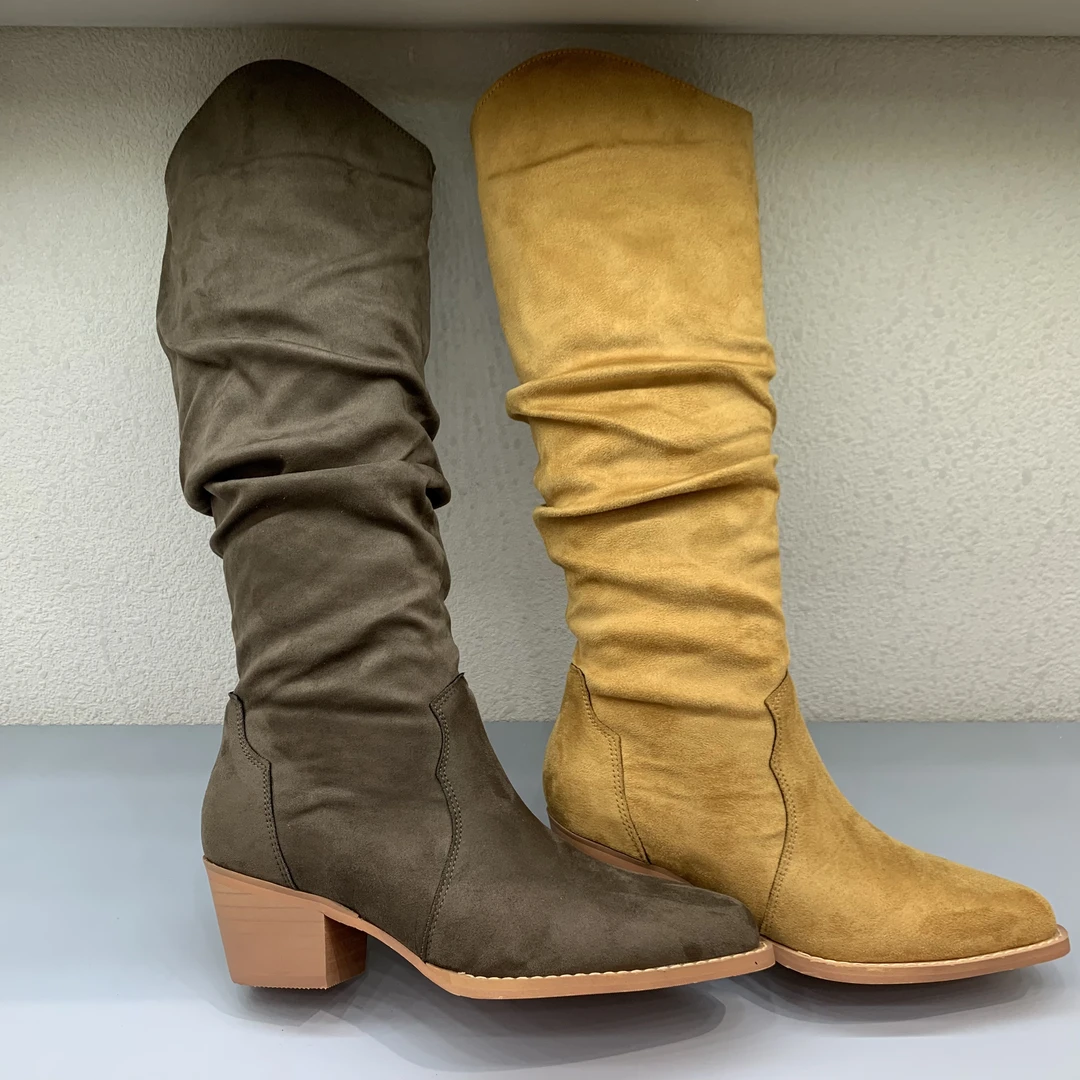 高筒靴女2024新款绒面粗跟长靴堆堆靴子显高显瘦女靴