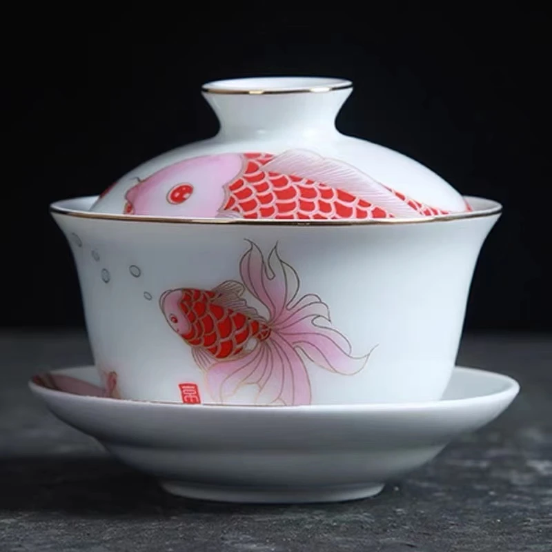 迷你鱼盖碗茶杯景德镇白瓷三才碗陶瓷功夫敬茶碗家用小号s08009