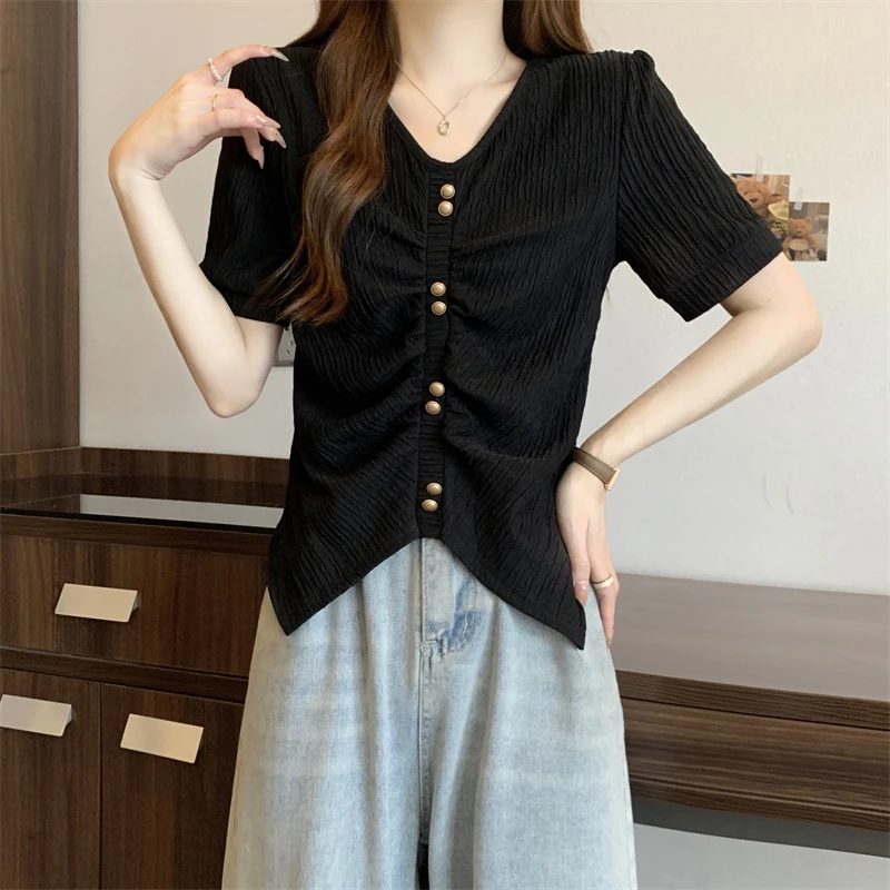 大码女装2024夏季新款修身褶皱扣子显瘦短袖上衣1026
