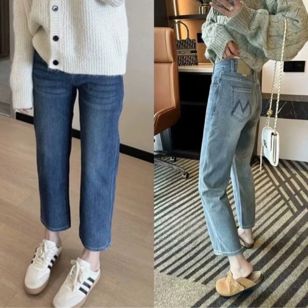 大码弹力高腰显瘦直筒牛仔裤女夏新款梨型身材遮肉百搭九分烟管裤