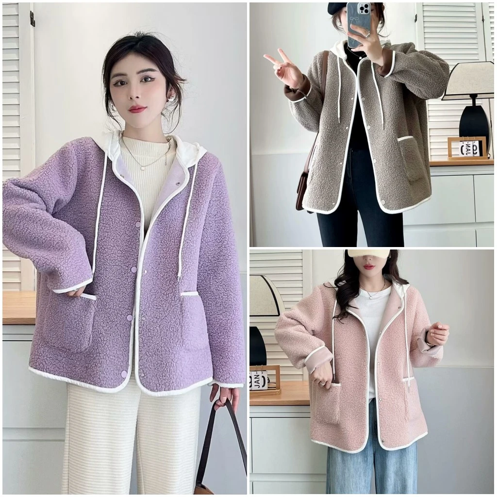 大码胖mm设计感拼色保暖颗粒绒连帽外套秋冬新款百搭宽松遮肉上衣