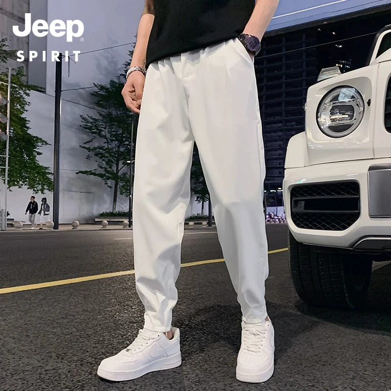 JEEPSPIRIT男士休闲裤夏季爆款2025新款高级感束脚阔腿白色九分裤