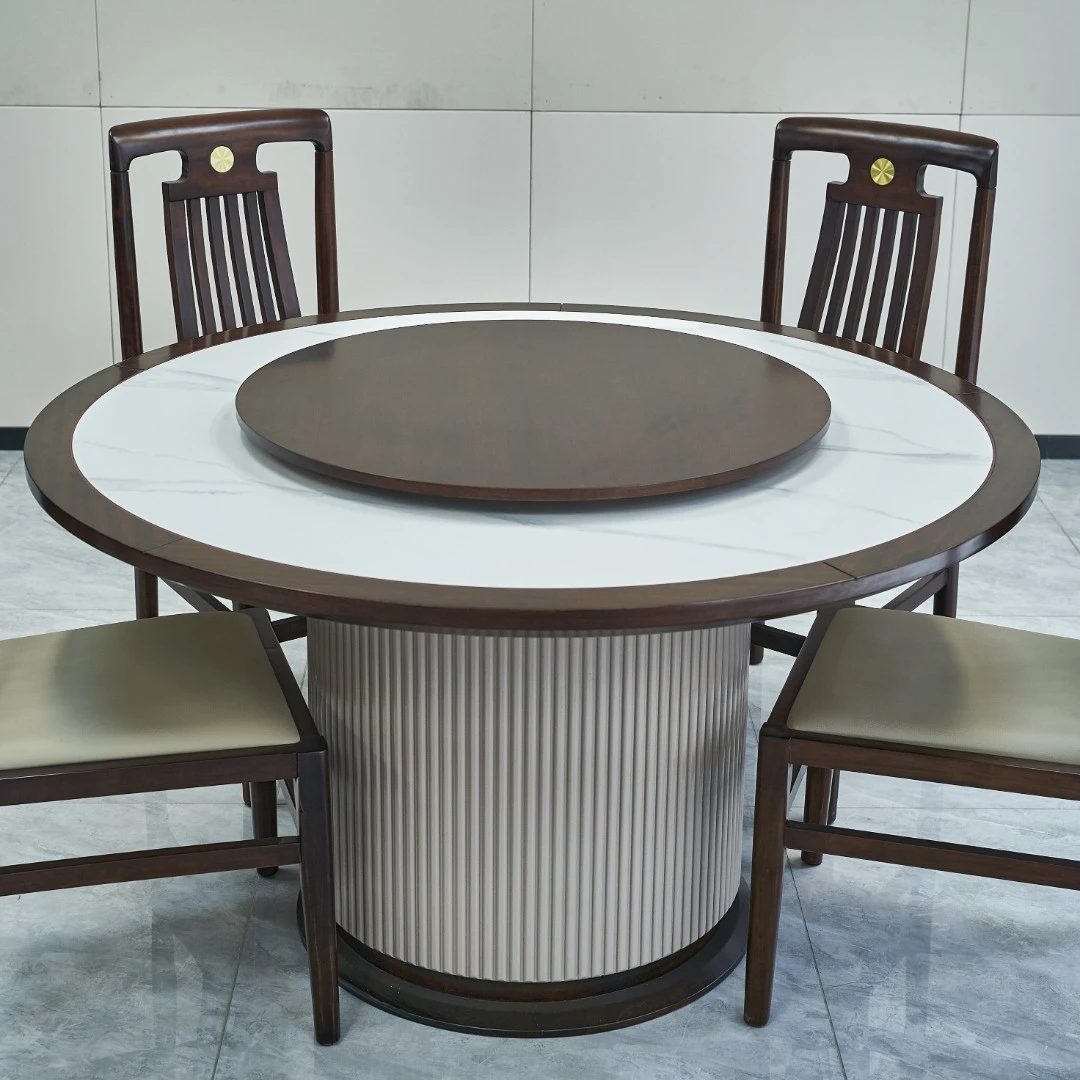 方圆盛世新中式实木岩板餐桌圆形现代轻奢