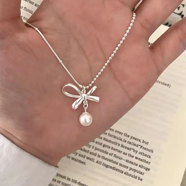 链子足银   蝴蝶结贝珠吊坠项链不对称套链