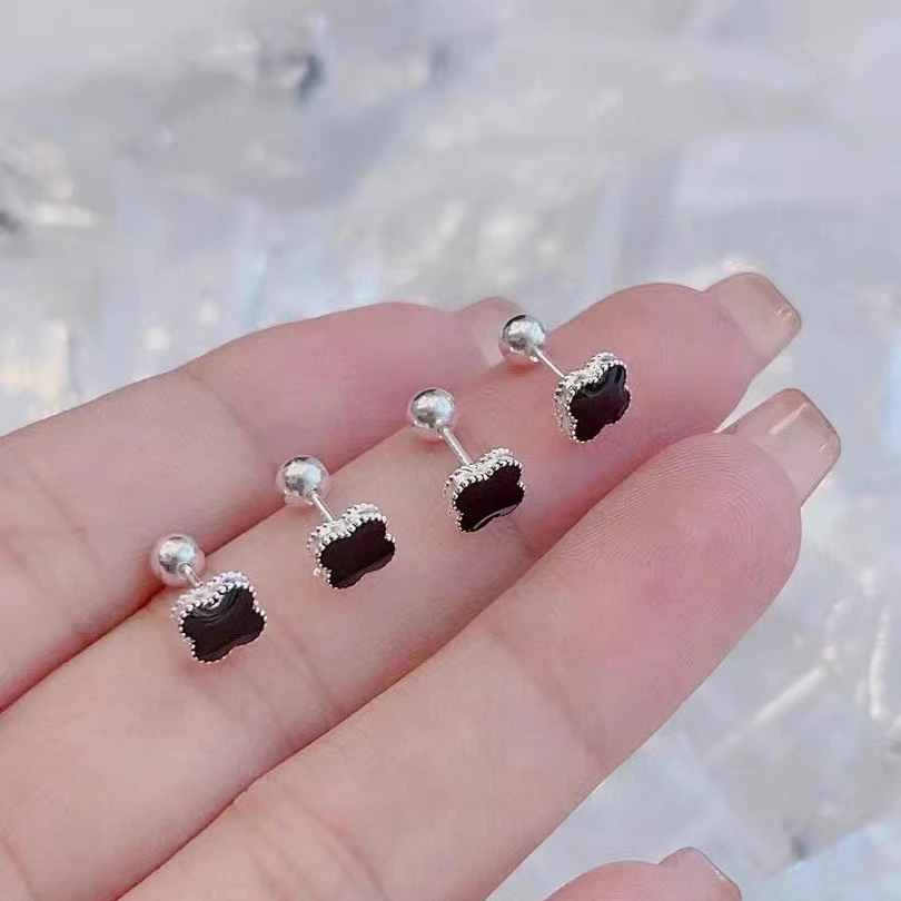 足银耳饰 990足银四叶草黑色耳钉小众设计耳环纯银百搭女耳饰