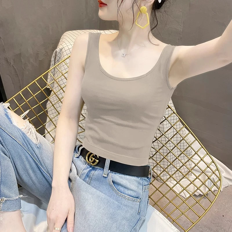 弹力棉小吊带U领背心女2024夏季新款网红无袖紧身t外穿打底上衣黑