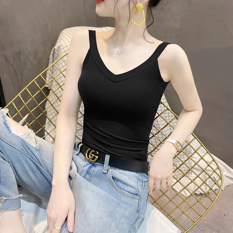 黑色针织V领弹力棉吊带背心女春夏新款网红美背内搭性感打底上衣t