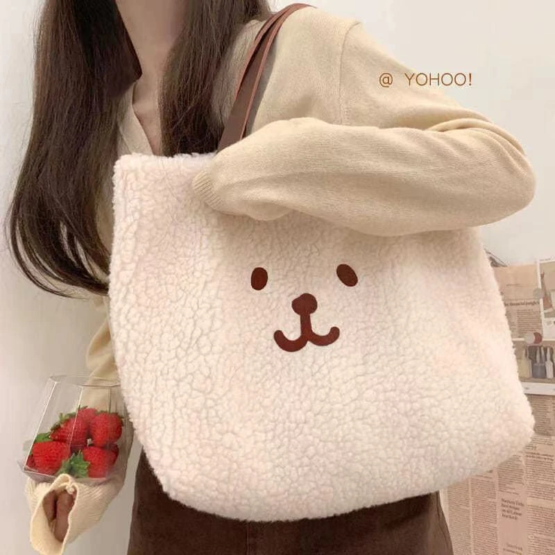 日系可爱卡通羊羔毛绒绒秋冬手提单肩包女学生韩版百搭手提购物袋