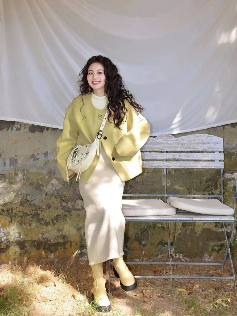 2023年韩系秋冬气质时尚圆领短款开衫外套休闲显瘦连衣裙两件套