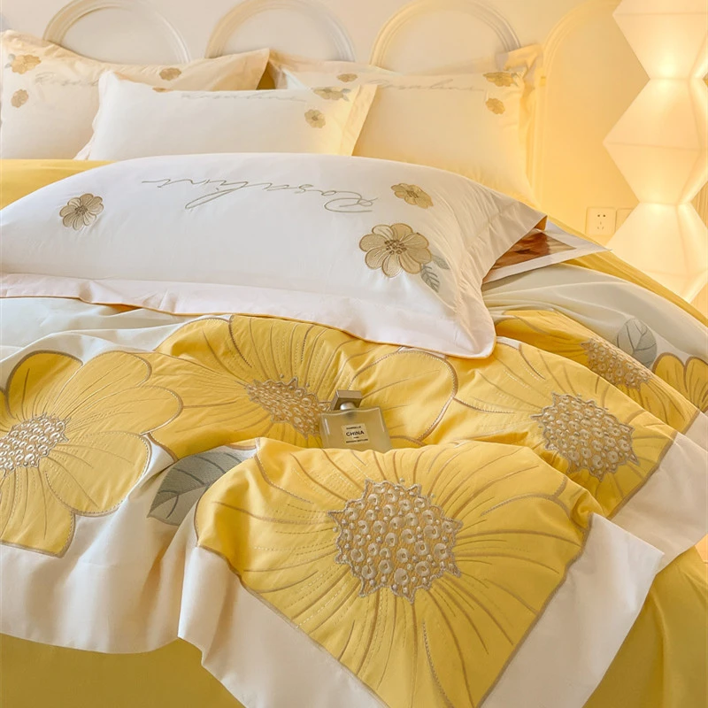 轻奢风高支全棉四件套公主100纯棉被套少女床单床笠家纺床上用品4