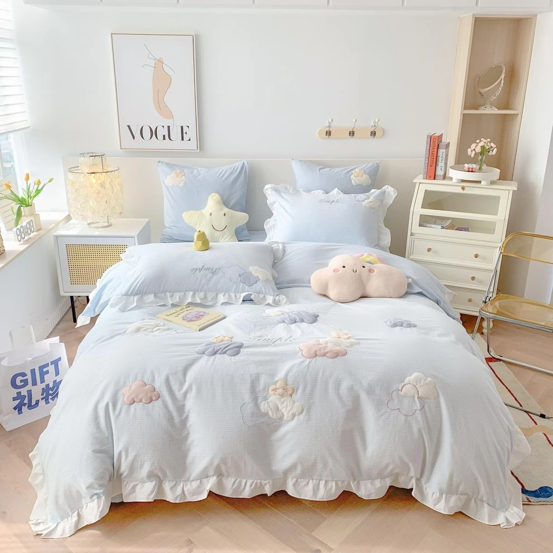 ins奶绒可爱纯棉水洗棉四件套加厚全棉被套双面儿童家纺床上用品