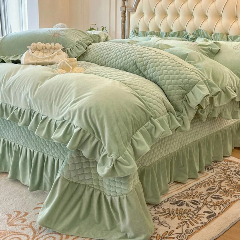 加绒宝宝牛奶绒四件套冬季加厚花边床盖款法兰珊瑚绒被套床上用品