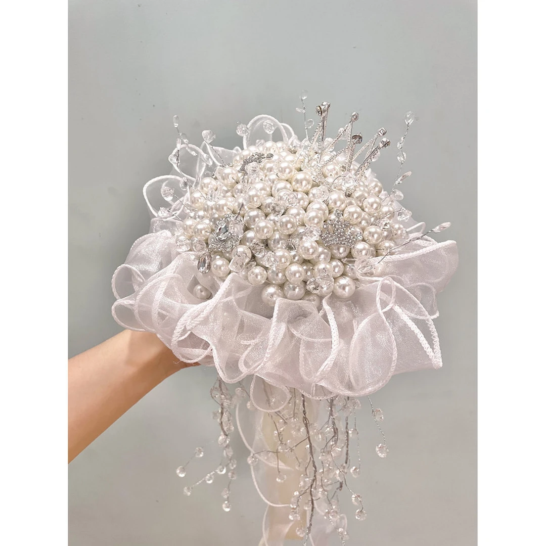 结婚婚纱珠宝珍珠手捧花diy材料包钻石奢华新娘捧花手拿花成品20