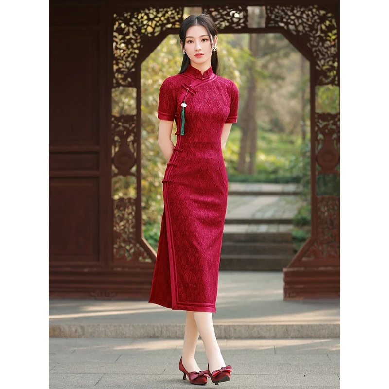 红色旗袍2023年新款妈妈穿的高考送考旗开得胜中考年轻款气质长款