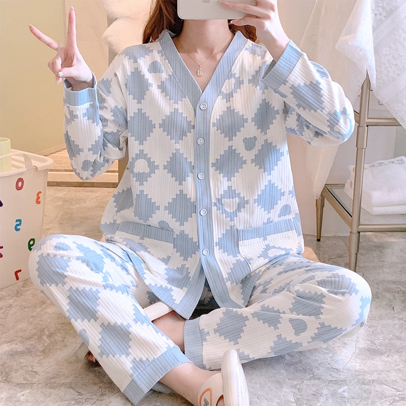 【3-10月份】月子服薄款喂奶哺乳春秋吸汗产后夏孕妇格子睡衣家居服