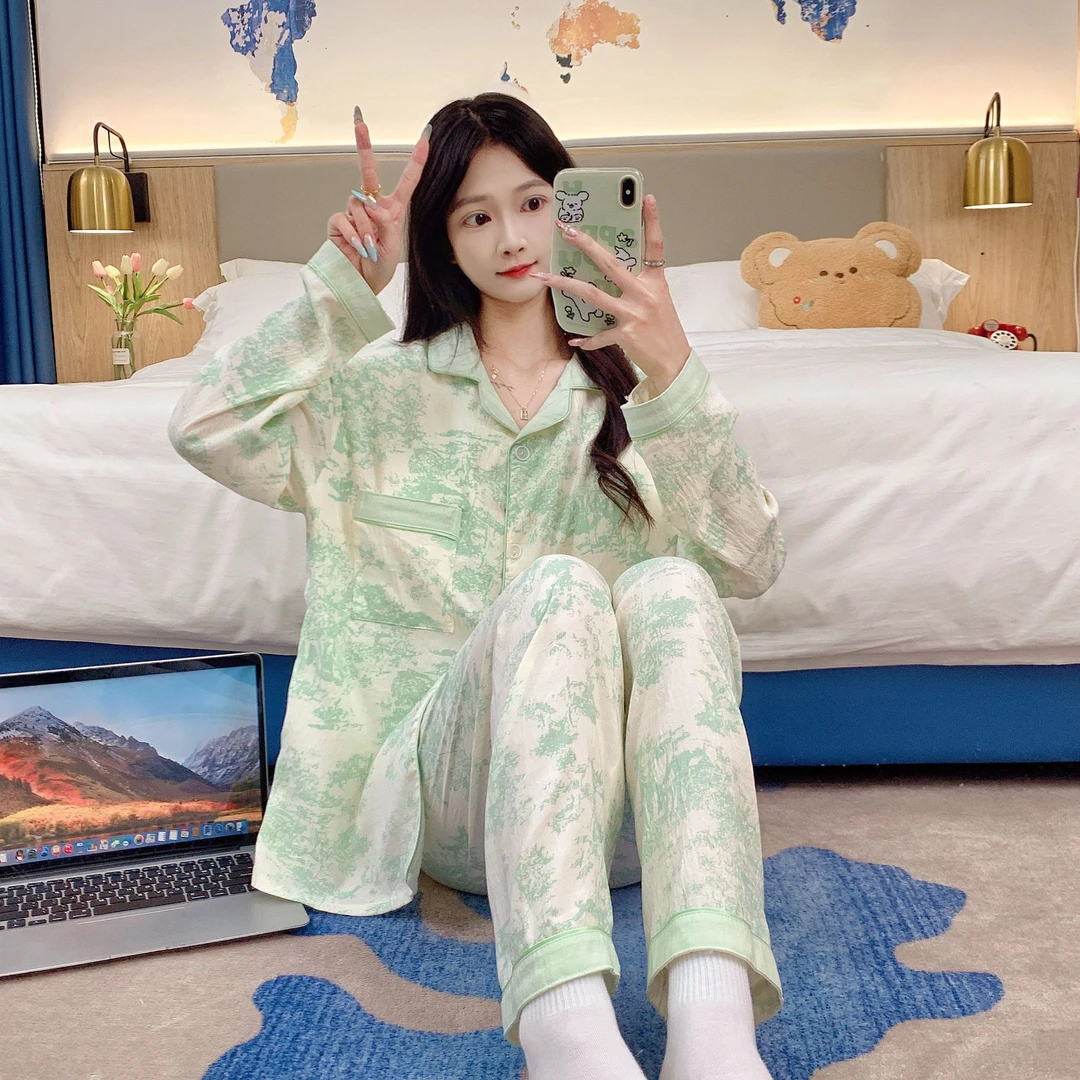 2024莉莉新款女士纯棉青水墨画开衫百搭长袖长裤睡衣高能感可外穿