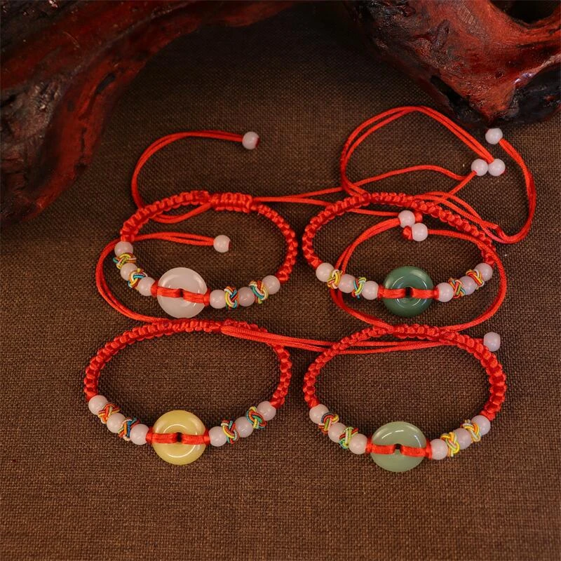 非金属布艺手链 平安扣红手绳编织男女仿玉平安扣情侣手链端午节
