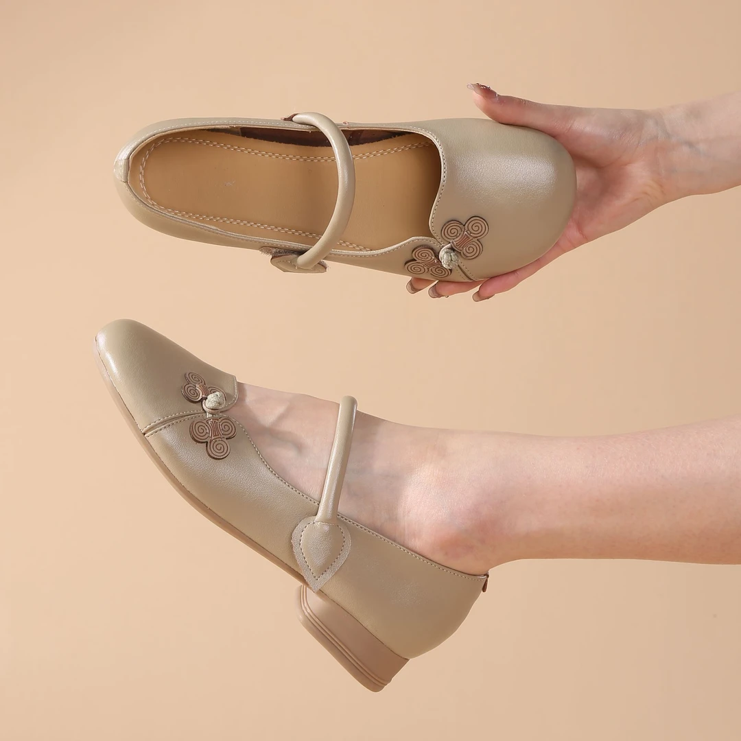 头层羊皮底跟平底浅口单鞋百搭夏季法式粗跟包头高跟中跟气质跟鞋