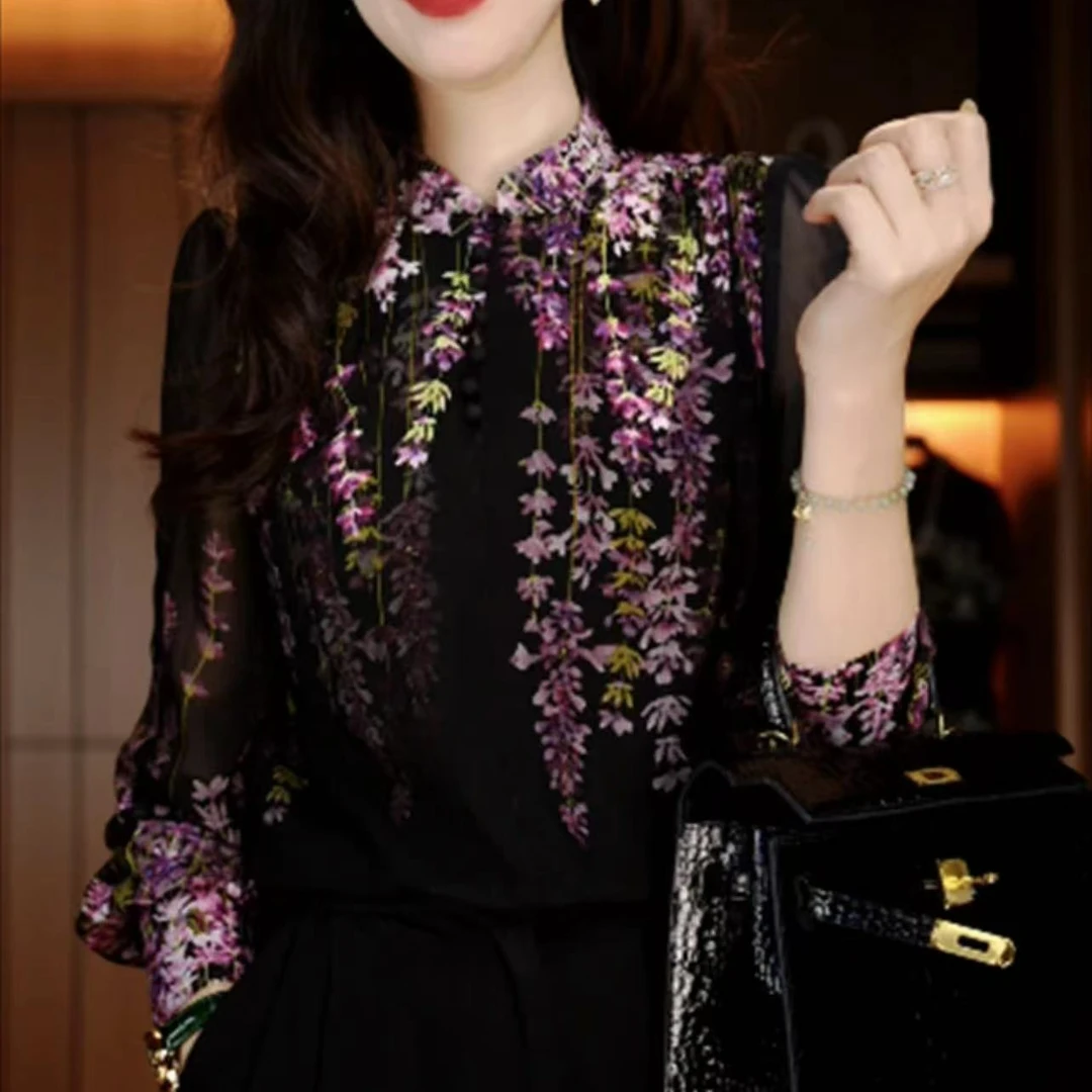 早秋新品洋气印花时尚百搭琉璃双绉丝双绉设计感上衣长袖减龄女装