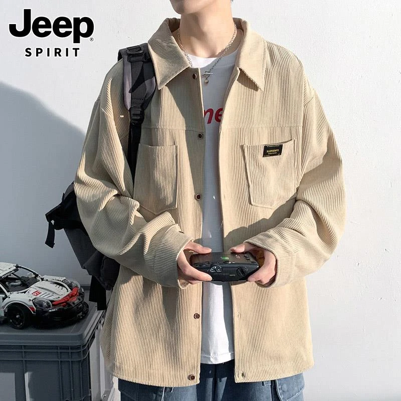 Jeep吉普冬季长袖衬衫男士潮牌宽松百搭灯芯绒学生衬衣外套男款厚