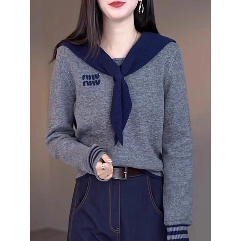 撞色海军领针织衫女2024年秋季新款气质减龄百搭套头毛衣长袖上衣