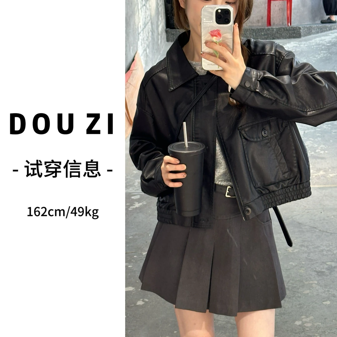 【豆子】酷飒限定 黑色复古时尚皮衣女外套 1786